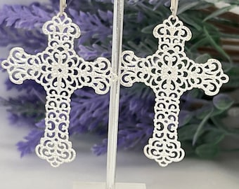 Best Seller Big Silver Filigree Cross Earrings now on Sterling Silver Hoop Leverbacks, Big and Beautiful Light Weight Cross Earrings, #1588