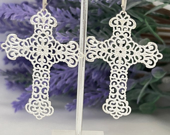 Best Seller Big Silver Filigree Cross Earrings now on Sterling Silver Hoop Leverbacks, Big and Beautiful Light Weight Cross Earrings, #1588