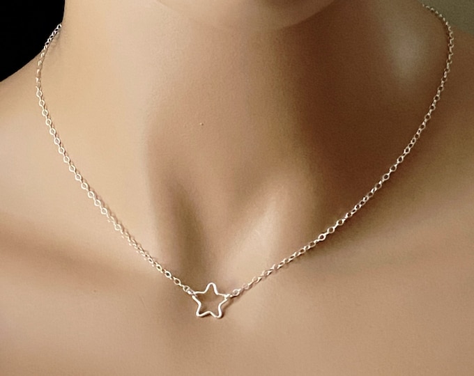 Minimalist Star Choker Necklace, Sterling Silver Minimal Necklace, Star Link Layering Choker, #953