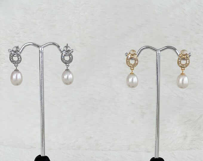 Equestrian Baguette Diamond Zircon Earrings, Gold Horseshoe Freshwater Pearls Posts, Silver Zircon Horseshoe Earrings, White Pearls, #1734