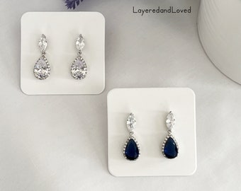 Kate Middleton Inspired Sapphire & Marquise Zircon Diamond Earrings, Lightweight Dainty Dangles, Royal Inspired Earrings, #1555