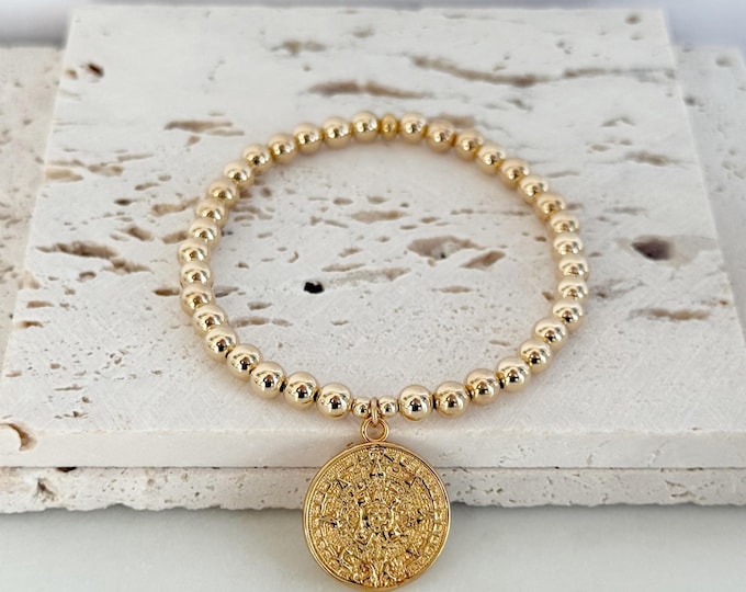 Gold Aztec Calendar Beaded Bracelet with 14k Gold Filled Beads, Large Mexican Pendant #1297