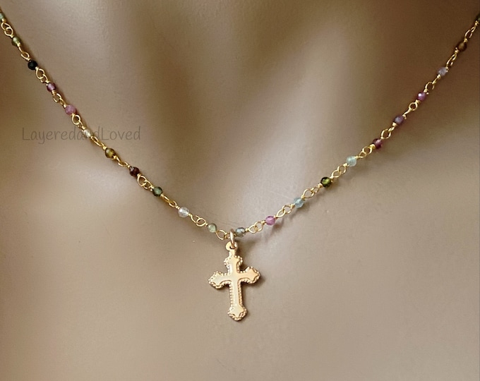 Gold Cross Tourmaline Rosary Necklace, 14k Gold Filled Small Cross on Petite Tourmaline Gemstone Chain, Dainty Inspirational Jewelry, #1088