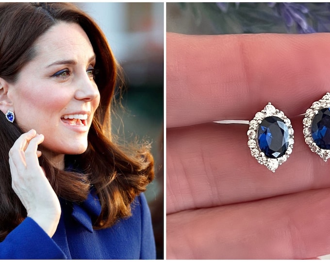 Sterling Silver Sapphire Blue Zircon Post Earrings, Kate Middleton Inspired Shield Post Earrings, Royal Shield Zircon Earrings, #1683