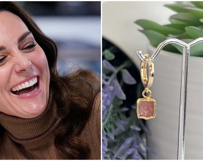 Kate Middleton Gemstone Slice Huggie Hoops, Gold Edge Raw Rhodochrosite, Dainty Gold Hoop Earrings, Princess Style Gemstones, #1570