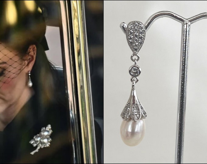 Princess Kate Genuine Water Drop Pearl Zircon Earrings, Freshwater Pearls, Sterling Silver Ear Pins & Backs, Royal Replicas, #1626