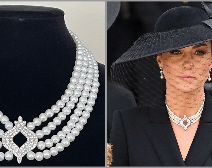 Queen Elizabeth Royal Replica Pearl Necklace, Princess Kate Inspired 4 Strand Pearl with a CZ Diamond Center, Royal Family Jewelry, #1524