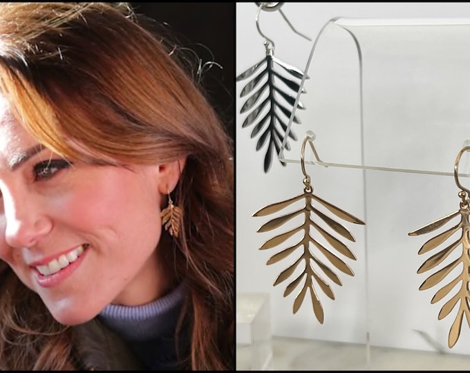 Kate Middleton Inspired Long Leaf Earrings, 14k Gold Filled or Sterling Silver Ear Wire or Leverbacks, Palm Leaf, Fern Leaf, #1474