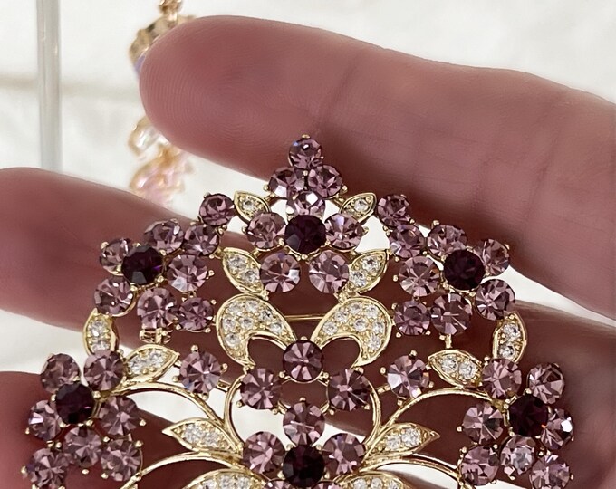 Gold Floral Basket Brooch, Brilliant Sparkles of Pink, Clear and Burgundy, Rhinestones & Zircons, Queen Inspired  #1823