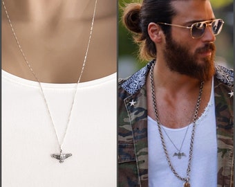 Sterling Silver Soaring Eagle Necklace, Can Yaman Inspired, Sexy Long Necklace, Unisex, Figaro Chain, 3-D Eagle Necklace, We Rise, #1343