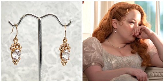 Bridgerton Earrings: Gold Zircon Dangle Earrings, Sapphire Blue Crystal