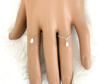 14k Gold Filled Pearl Ring, Minimalist Dainty Drop Pearl on Tiny Rolo Chain, Sterling Silver or Gold Filled, Gift for her, #1923