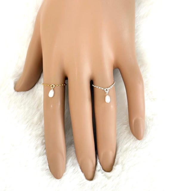 14k Gold Filled Pearl Ring, Minimalist Dainty Drop Pearl on Tiny Rolo Chain, Sterling Silver or Gold Filled, Gift for her, #1923