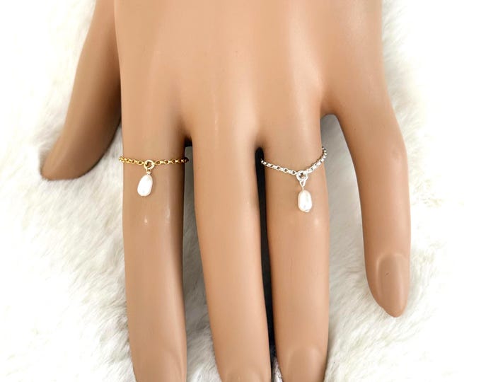 14k Gold Filled Pearl Ring, Minimalist Dainty Drop Pearl on Tiny Rolo Chain, Sterling Silver or Gold Filled, Gift for her, #1923