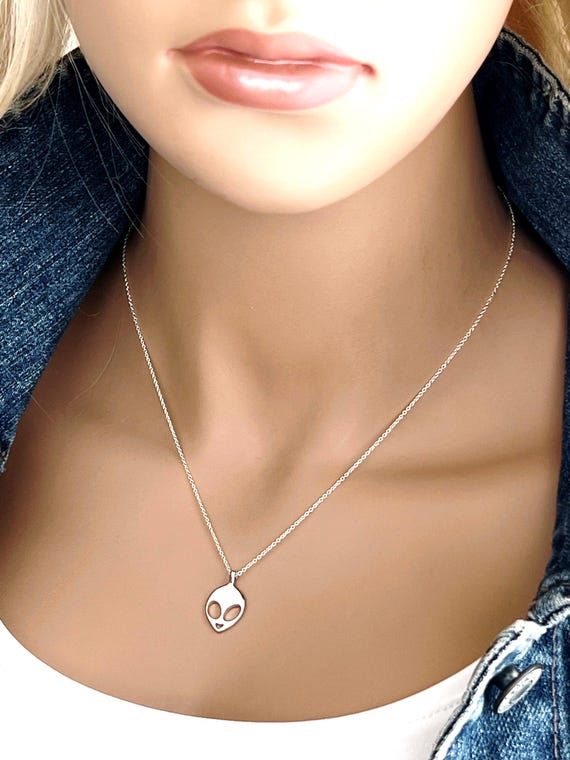 Sterling Silver Alien Necklace, 14k Gold Filled or Sterling Silver Unisex Necklace, Halloween Jewelry #769