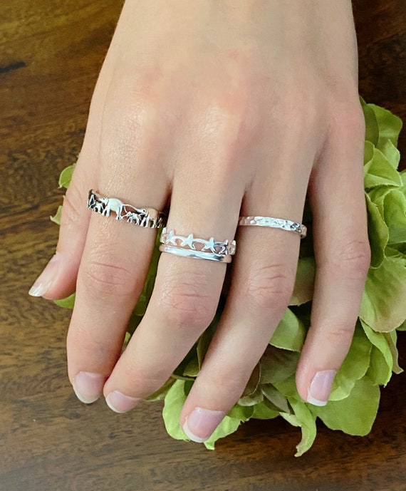 Sterling Silver Stackable Rings: Satin, Shiny, Hammered Texture, #1610