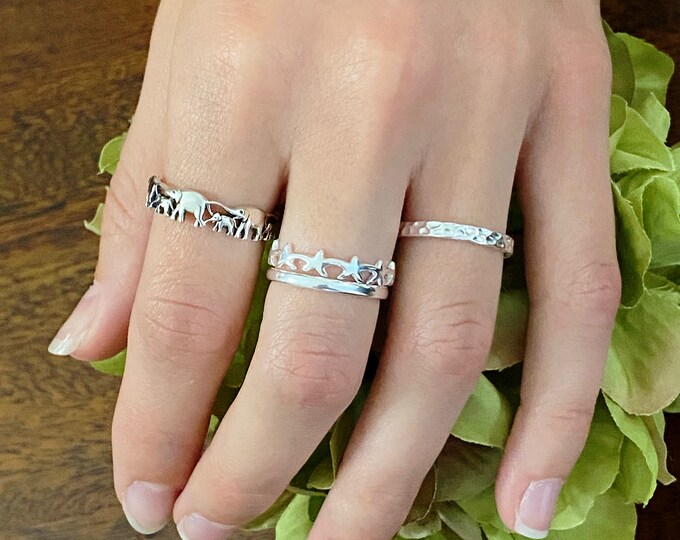 Solid 925 Sterling Silver Stackable Finger Rings, Satin Matte, Shiny Silver, Textured Hammered, 1, 2 or 3 Ring Sets, Stack em Up! #1610