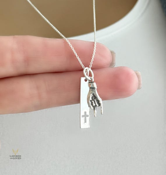 Mano Cornuto & Bar Cross Necklace, ALL Sterling Silver, Double Charm Necklace, Symbols of Strength, #1909