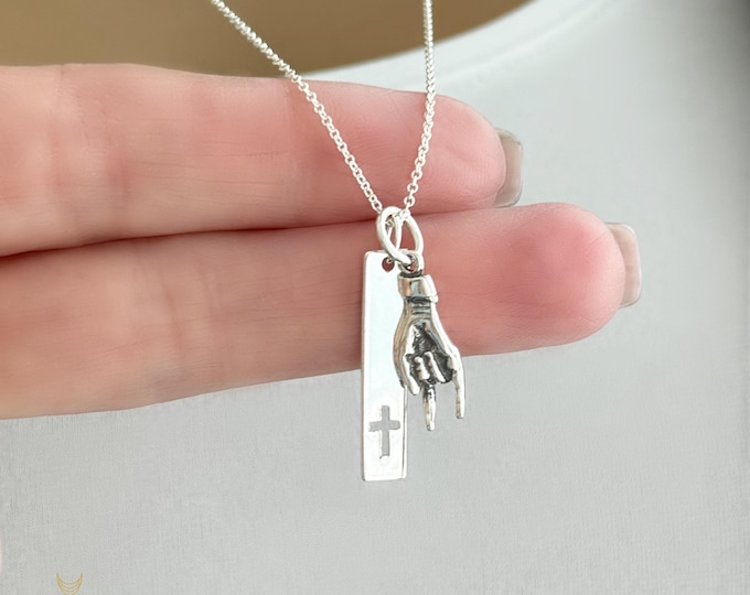 Mano Cornuto & Bar Cross Necklace, ALL Sterling Silver, Double Charm Necklace, Symbols of Strength, #1909