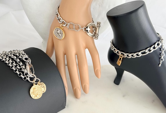 Stainless Steel Chunky Bracelet Set, Roman & Owl Coins, Mixed Metal Design, Toggle and Clip Closures, #2033/#2039