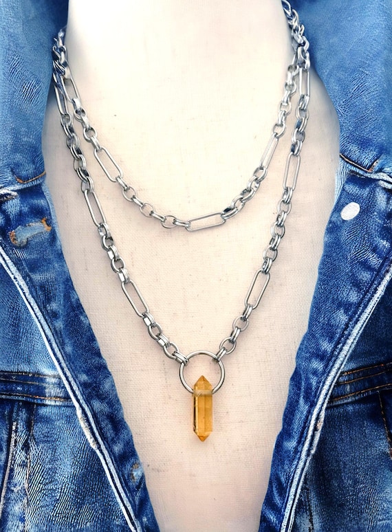Citrine Gemstone Stick Stainless Steel Chain Necklace, Long Double Wrap Necklace, Paperclip Link Trombone Chain Statement Jewelry, #2023
