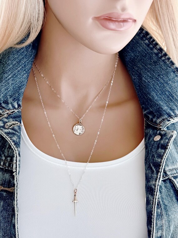 Sterling Silver Roman Coin Necklace Set, Emperor Titus Replica Coin & Dagger Sword Layered Set, Ancient Roman Inspired jewelry, #2034