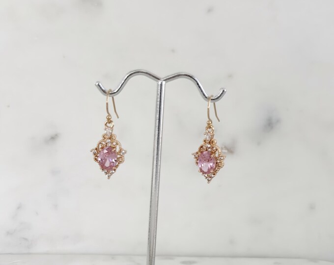 Dainty Pink Regency Era Earrings, 14k Gold Filled Earwires, Vintage Style Drop Earrings, October Birthstone #1842