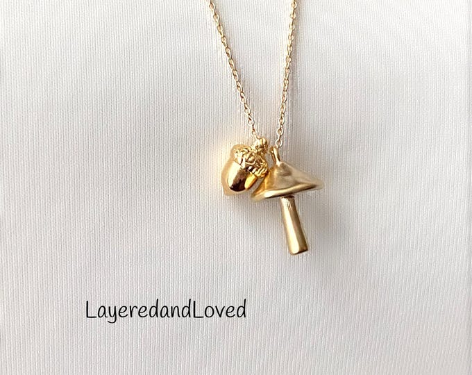 Kate Inspired Gold Acorn Necklace, 14k Gold Filled Chain, Acorn & Mushroom Layering Necklace, Royal Family Jewelry, #927