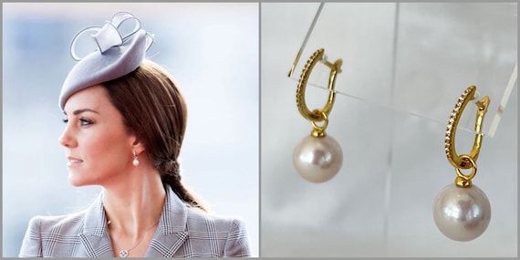 Edison Pearl Drop Earrings: Gold Zircon Click Hoops, Princess Pearls, Royal Replicas, #1543