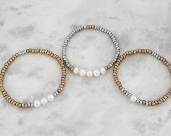 Silver & Gold Stacked Czech Beaded Double Pearl Bracelets with Freshwater Pearls, Layered Bracelets, Friendship Boho Beach Bracelets, #1827