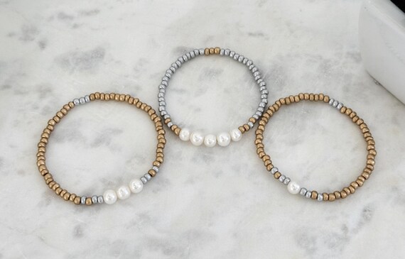 Silver & Gold Stacked Czech Beaded Double Pearl Bracelets with Freshwater Pearls, Layered Bracelets, Friendship Boho Beach Bracelets, #1827