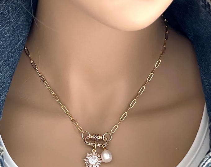 14k Large Paperclip Chain Necklace, Black Zircon Carabiner Clasp, Freshwater Pearl Charm, Big Zircon Floral Charm Dangles, Top Trend #1753
