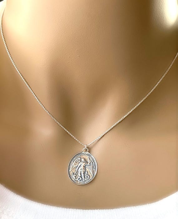 Sterling Silver Saint Michael Necklace: Reversible Mother Mary Protection Coin, Police & Fire Saint Symbol Coin Pendant, #1111