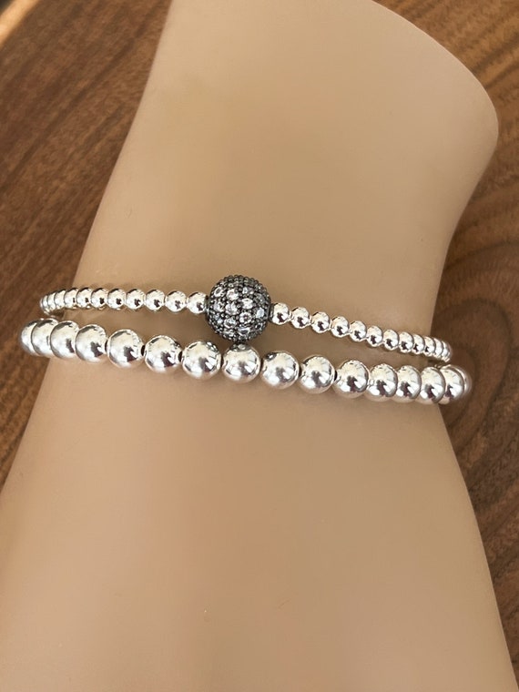 Stretchy Sterling Silver Stack Bracelet Set, Large & Small Beads, Gunmetal Disco Bead, Wrist Stack, Singles or Doubles, #1064 / #1345