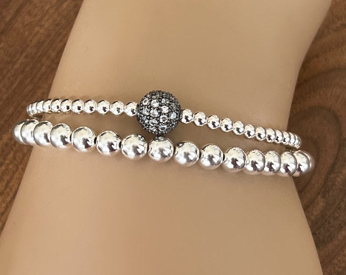 Stretchy Sterling Silver Stack Bracelet Set, Large & Small Beads, Gunmetal Disco Bead, Wrist Stack, Singles or Doubles, #1064 / #1345