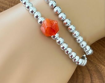 Sterling Silver Big Bead & Carnelian Bracelet, 5mm Large Beads, Layering Bracelet, Stackable Stretch Bracelet, #1361