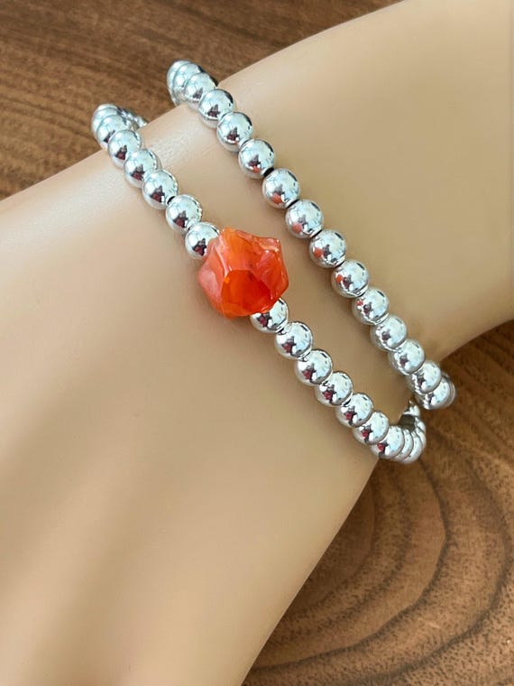 Sterling Silver Big Bead & Carnelian Bracelet, 5mm Large Beads, Layering Bracelet, Stackable Stretch Bracelet, #1361