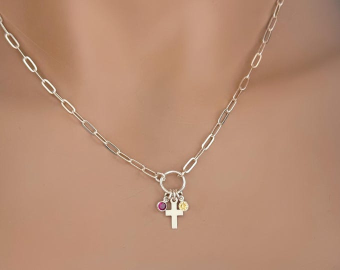 Sterling Silver Cross & Birthstone Necklace, Mother's Necklace, Paperclip Chain #1167