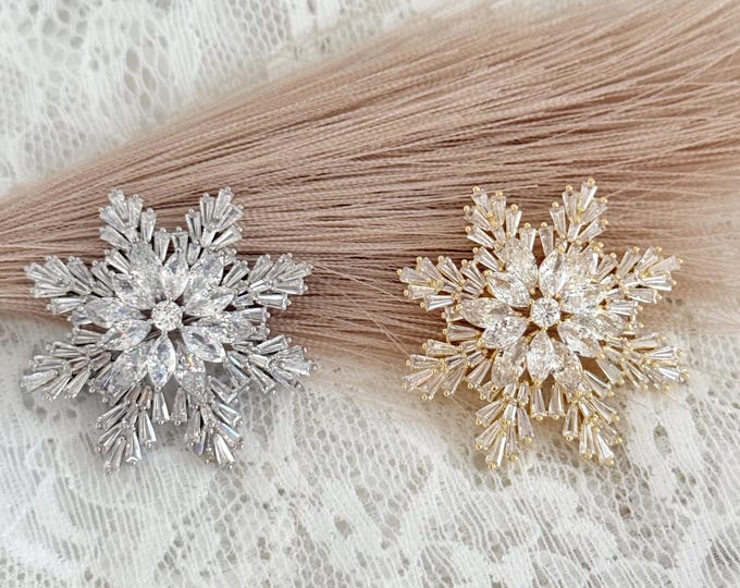 Zircon Snowflake 3D Brooch, Multi Marquise & Trapezoid Zircon Stones, Silver or Gold Snowflakes, Winter Bling, #1805