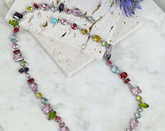 Colorful Crystal Multi Shape Silver Necklace with Extender, Faceted Crystals, Art Deco Sparkling Choker, #1863