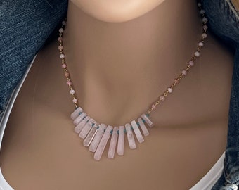 Rose Quartz Bib & Pink Opal Rosary Necklace, OOAK Carved Single Strand Bars of Rose Quartz, Separated with Blue Topaz Rondelles  #1595