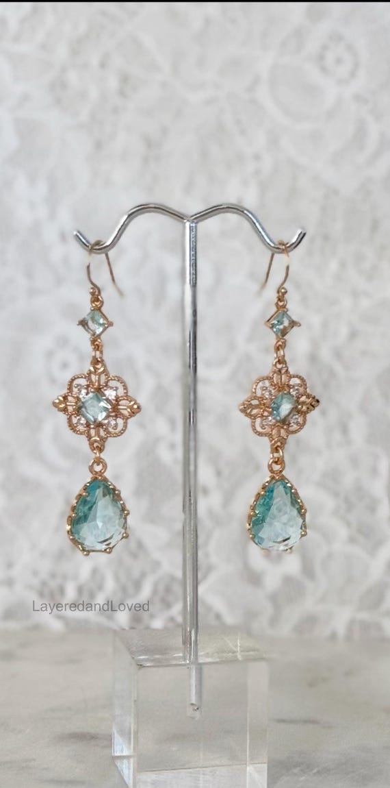 Wedding Blue Zircon Earrings, 14k Gold Filled Earrings, Aquamarine Blue, March Birthday, Regency Era, Bridgerton Style #1812