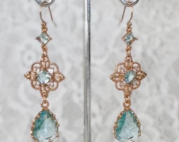 Wedding Blue Zircon Earrings, 14k Gold Filled Earrings, Aquamarine Blue, March Birthday, Regency Era, Bridgerton Style #1812