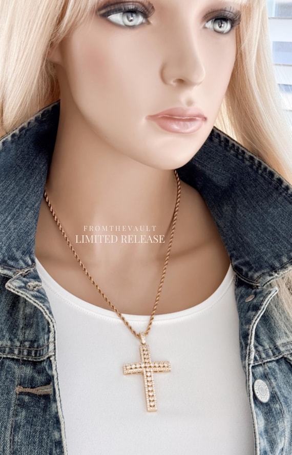 Iced Out Zircon Cross Necklace, Gold Plated Cross Pendant, Rope Chain 20", Chunky Faith Jewelry, From the Vault Limited Quantities, #2017