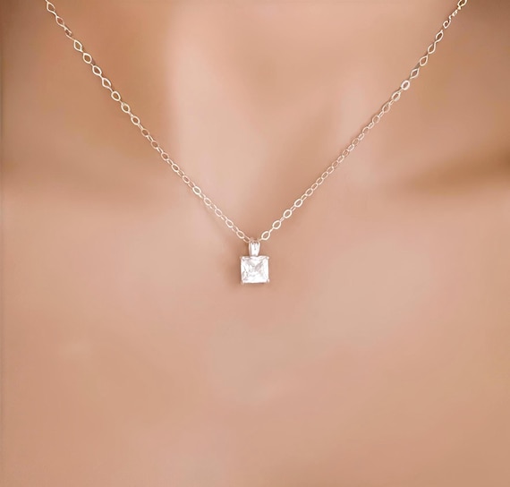 Mommy & Me Princess Cut Zircon Diamond Charm Necklace Set, Sterling Silver Necklaces, Princess Jewelry, Special Bond Jewelry, #1948