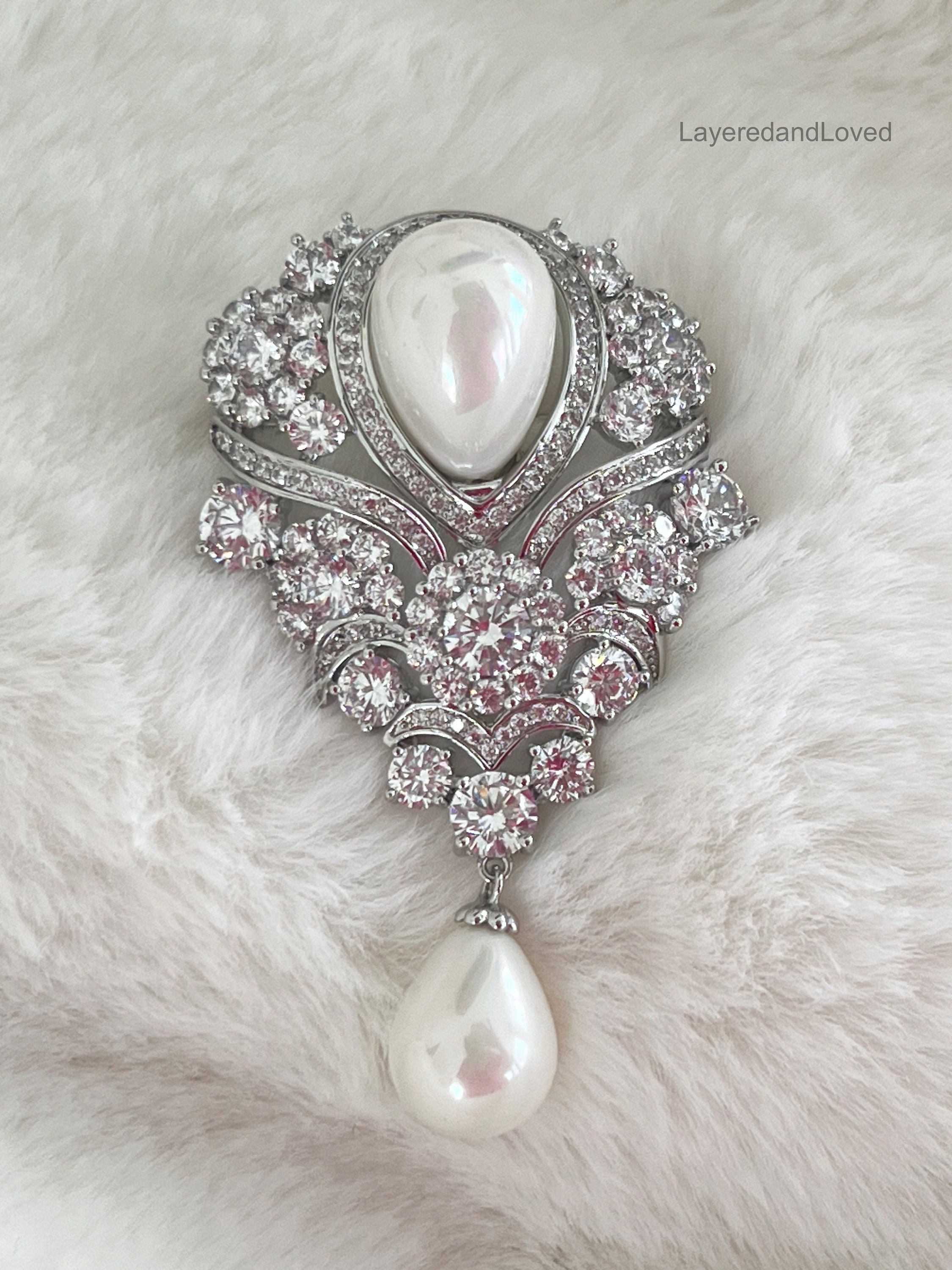 Royal Palace Zircon Pearl Brooch, Large Teardrop Shaped