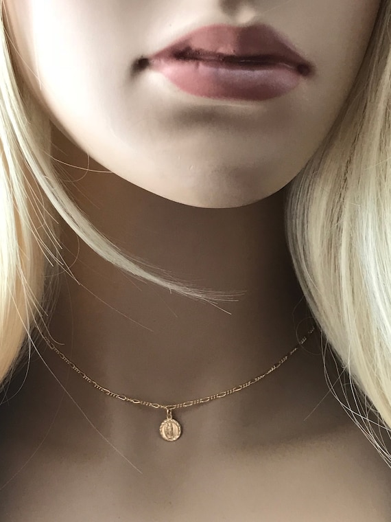 14k Gold Filled Jesus Figaro Choker, Guadalupe or Jesus Charm Necklace, Diamond Cut Figaro Chain, Inspirational Dainty Choker, ID# 495