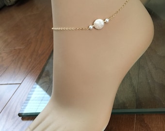 Coin Pearl Anklet, 14k Gold Fill, Freshwater Pearl, Bridesmaid Anklets, Beach Wedding Anklet, Best Friend Anklet, #487