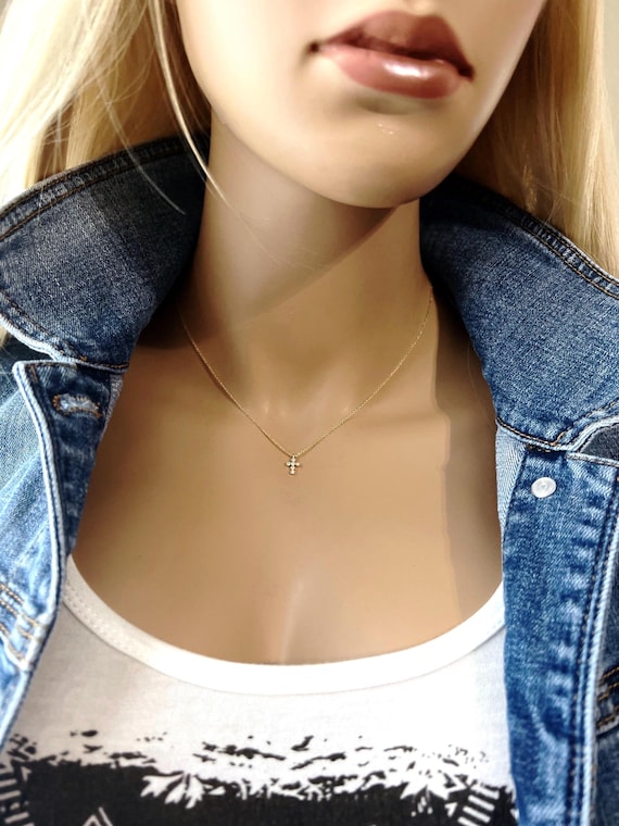 Teeny Tiny Gold Pave Cross Necklace, 14k Gold Filled Chain, Petite and Dainty Tiny CZ Cross, Inspirational, Children's Gift, #1182