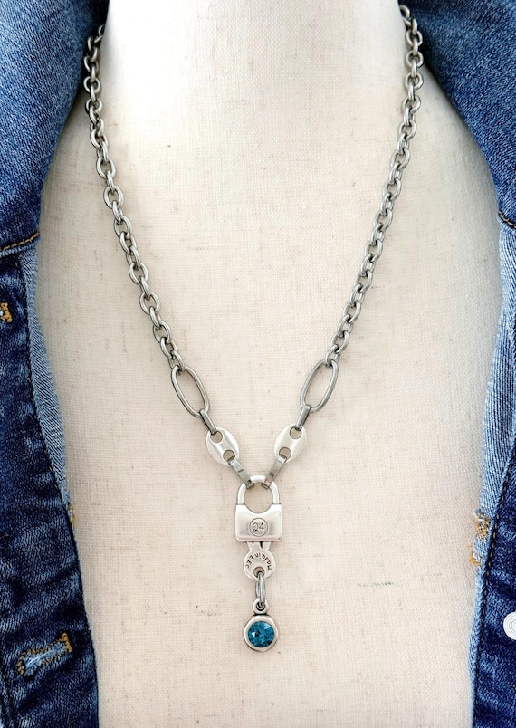 OOAK Industrial Chic Stainless Steel Statement Necklace, Lock Pendant with a Teal Blue Swarovski Crystal Charm, Multi Link Chain #2047